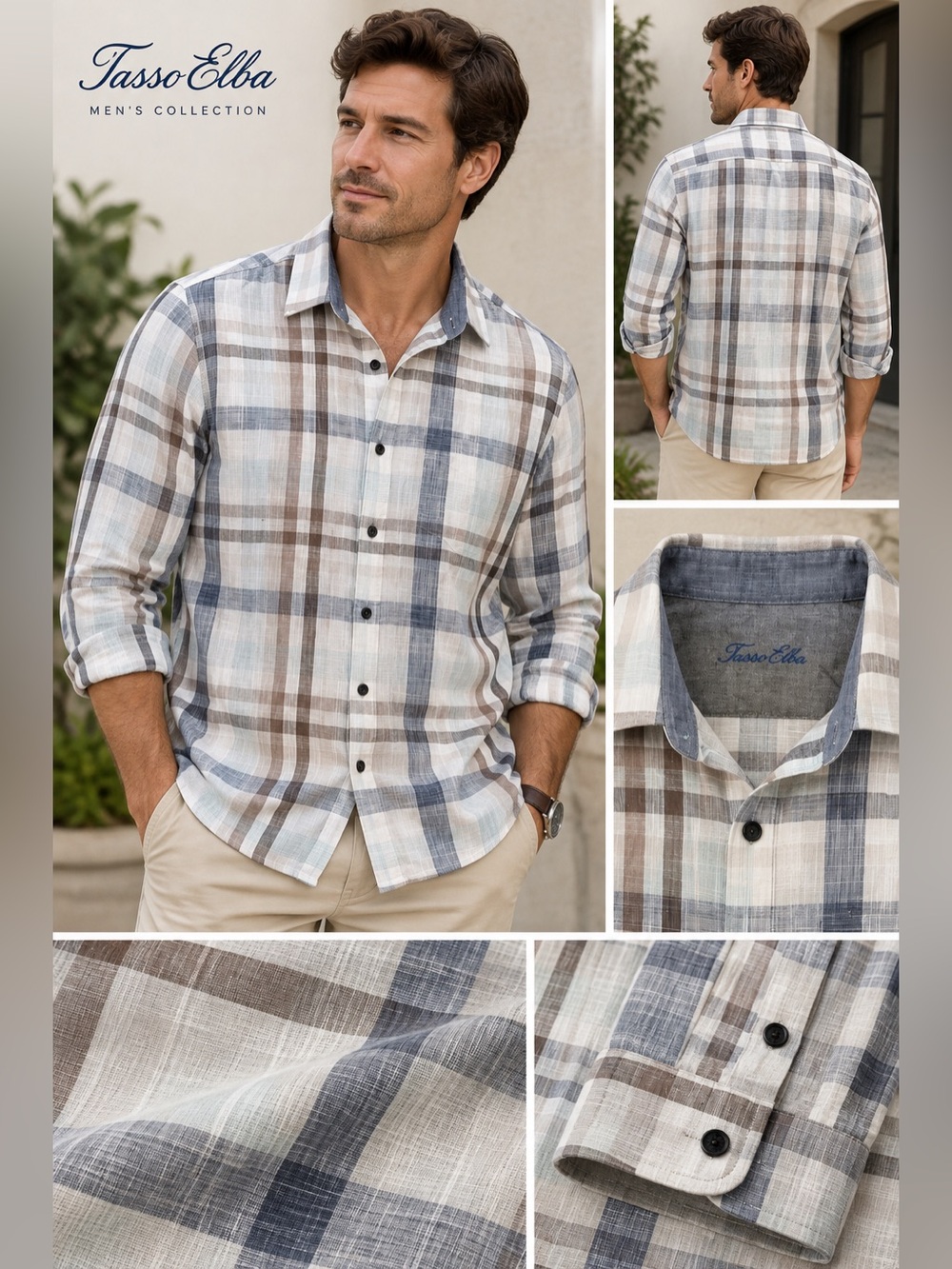 Tasso Elba Men's Blue & Brown Plaid Button-Down Shirt Large